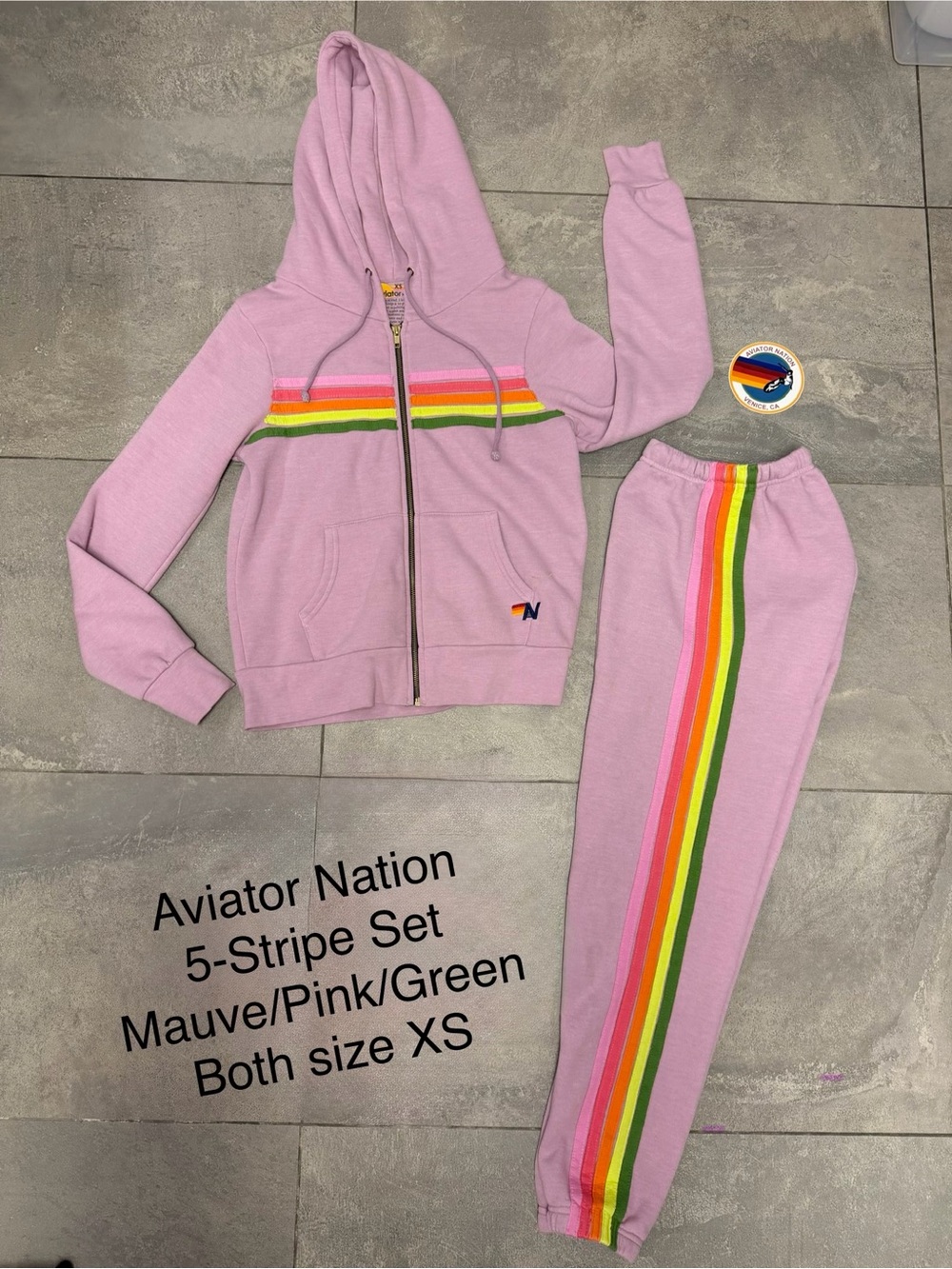 Aviator Nation Mauve Pink Green 5 Stripe Set Zip Up Hoodie Sweatpants Joggers XS